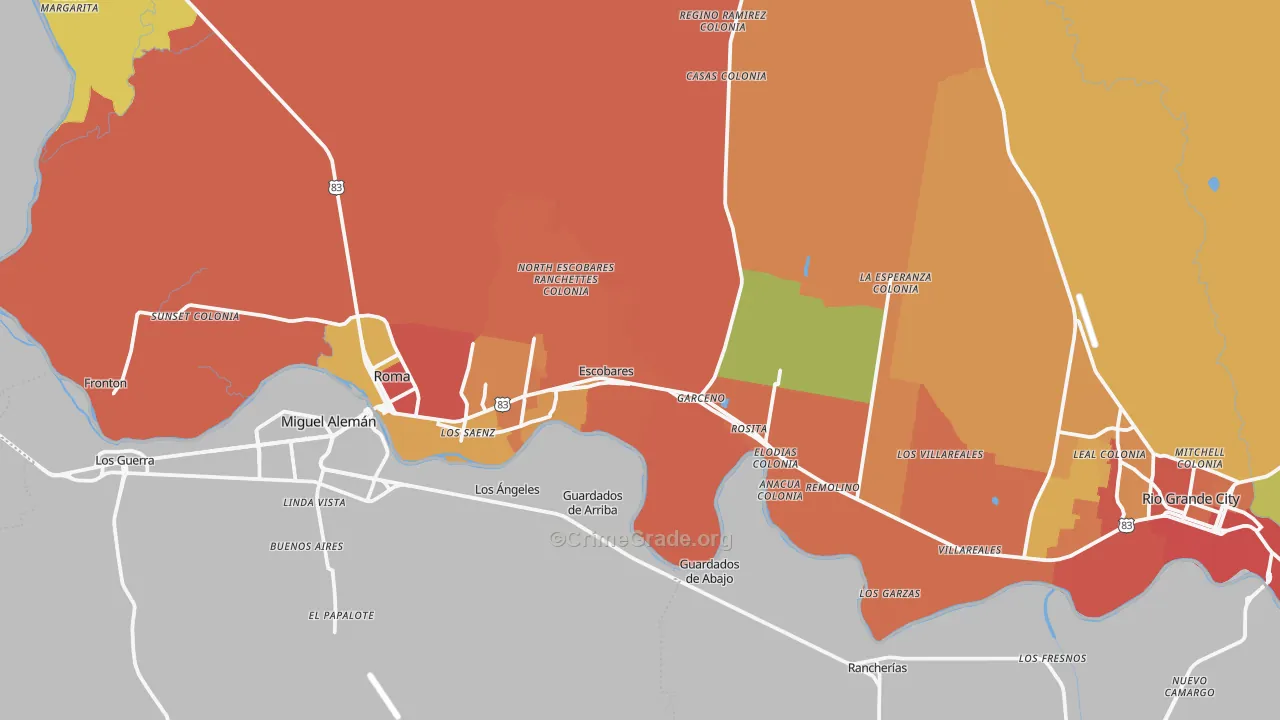 Escobares, TX Map of Robbery Rates