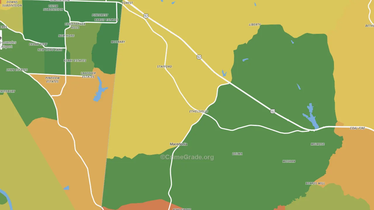 Ethelsville, AL Map of Robbery Rates