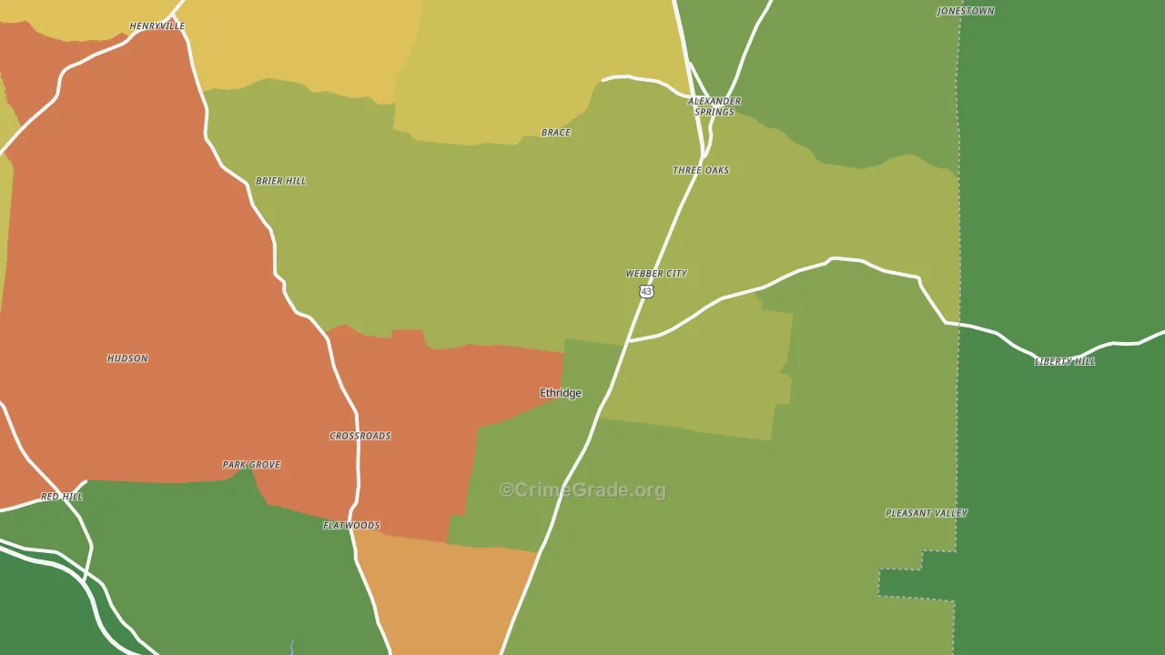 Ethridge, TN Map of Robbery Rates