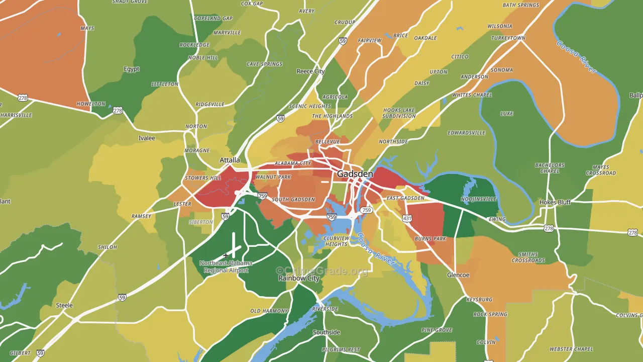 Etowah County, AL Map of Robbery Rates