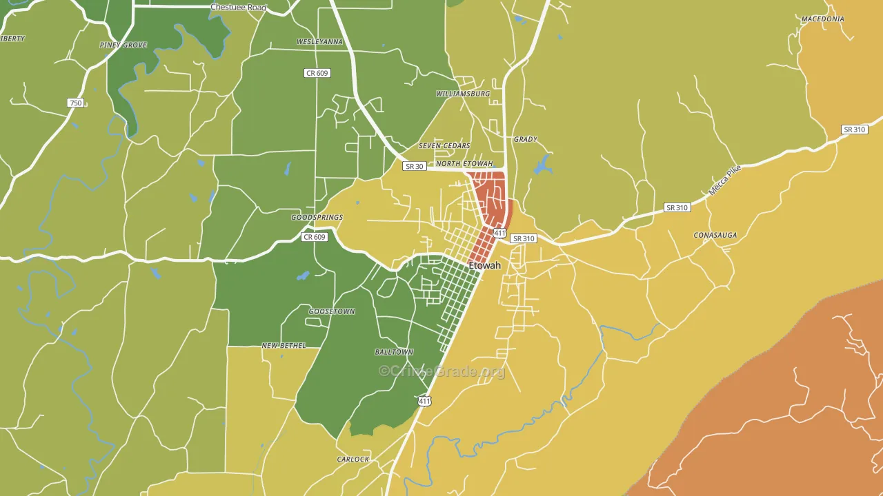 Etowah, TN Map of Robbery Rates