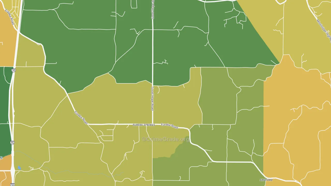 Eureka Springs, MS Map of Robbery Rates