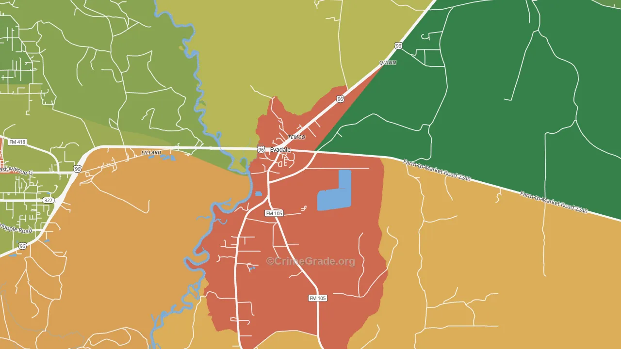 Evadale, TX Map of Robbery Rates