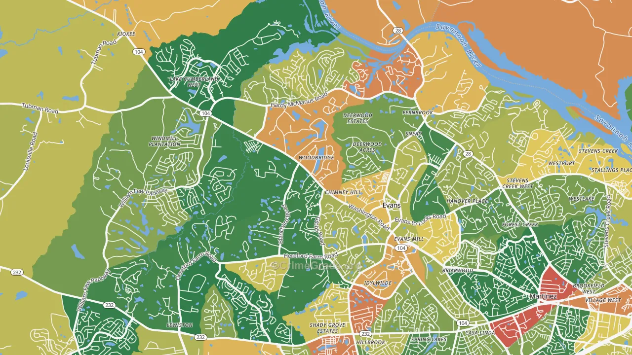 Evans, GA Map of Robbery Rates