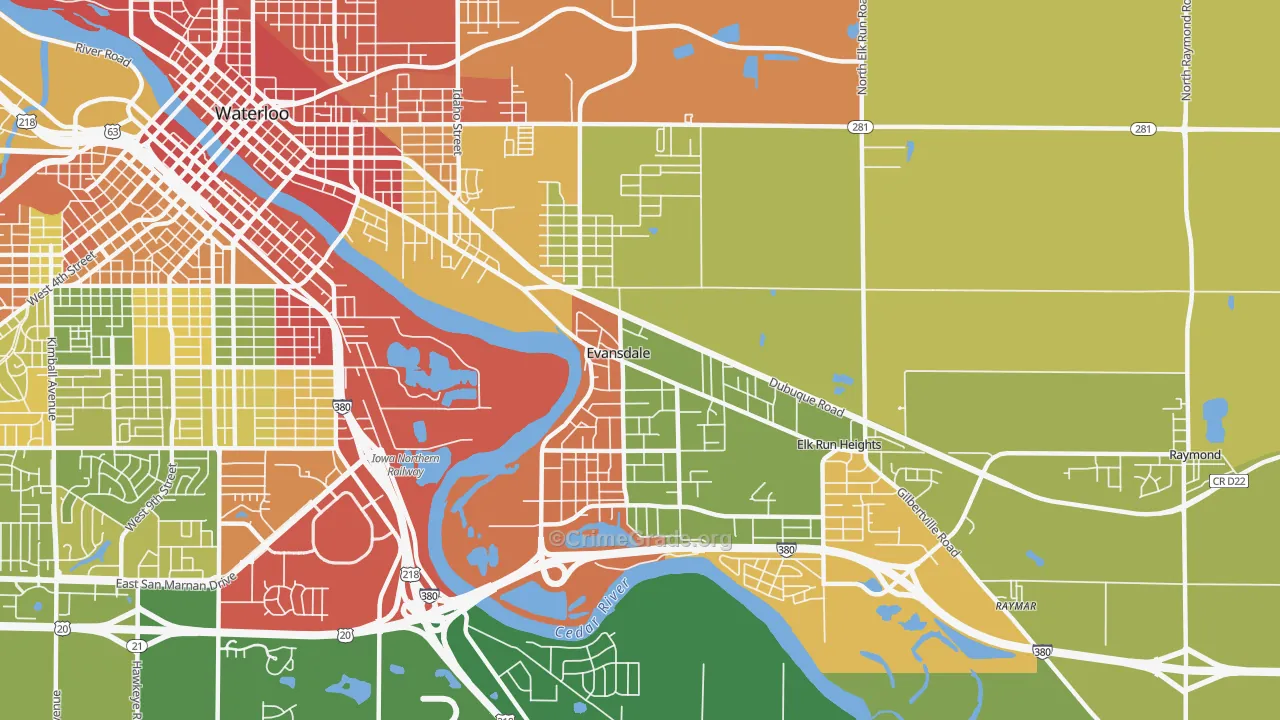Evansdale, IA Map of Robbery Rates