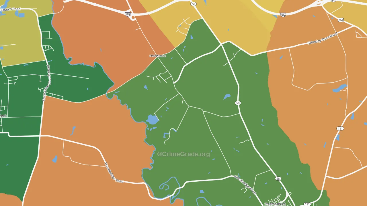 Evansdale, NC Map of Robbery Rates
