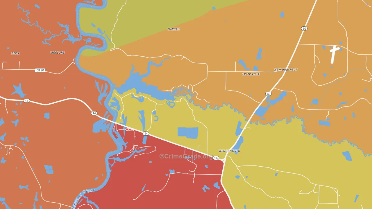 Evansville, AL Map of Robbery Rates