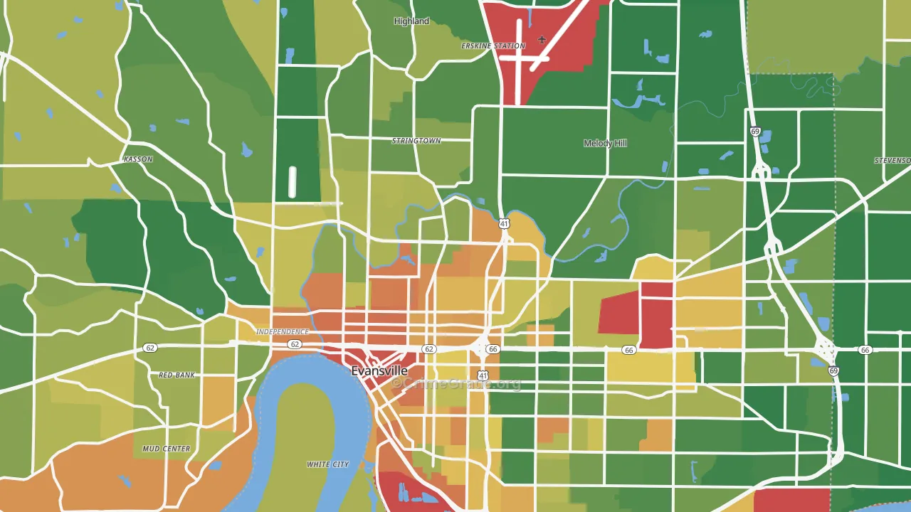 Evansville, IN Map of Robbery Rates