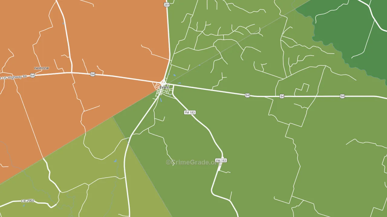 Evant, TX Map of Robbery Rates