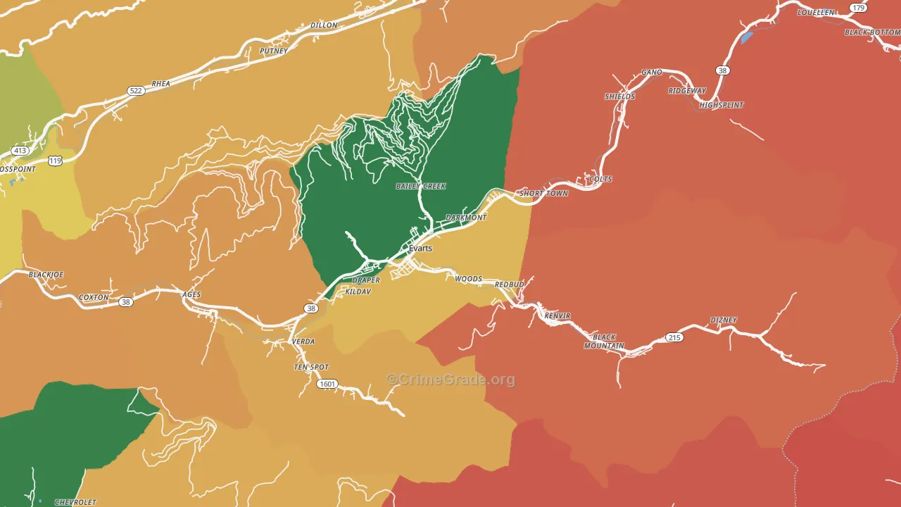 Evarts, KY Map of Robbery Rates
