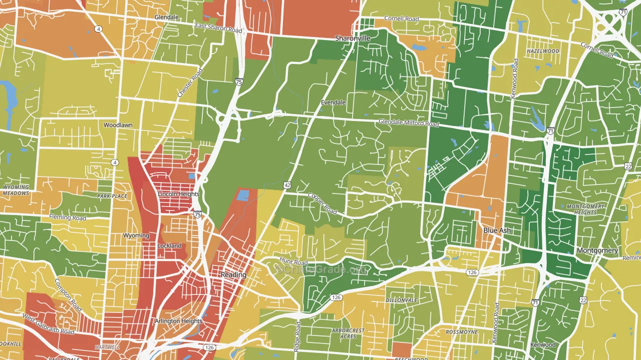 Evendale, OH Map of Robbery Rates