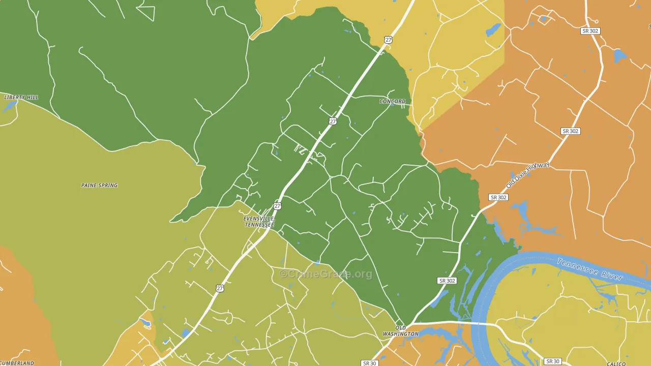 Evensville, TN Map of Robbery Rates