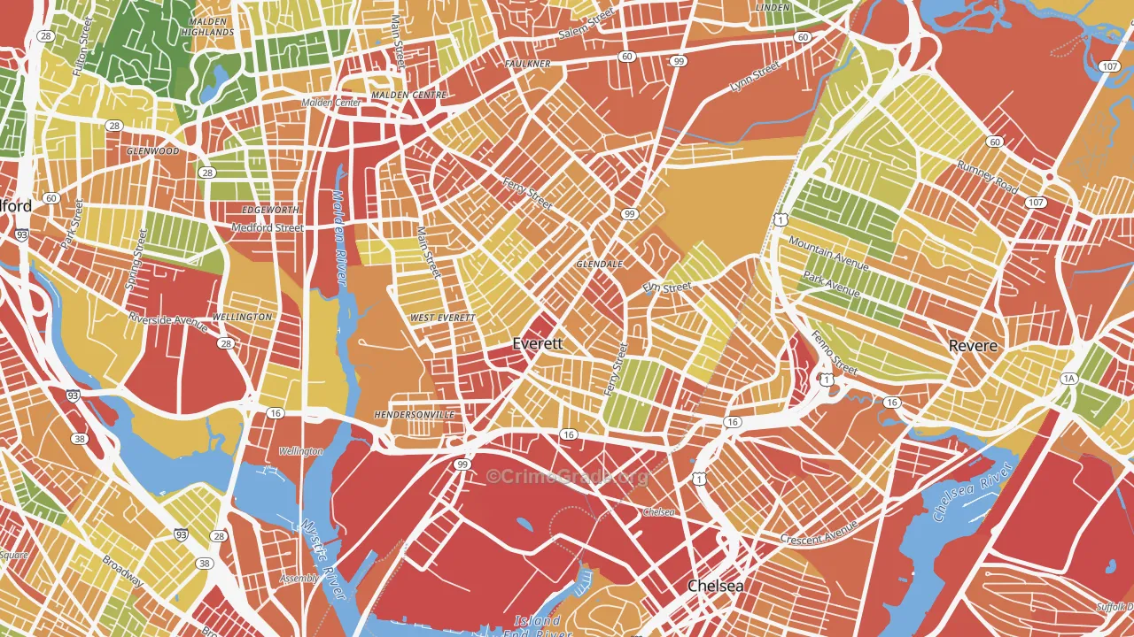 Everett, MA Map of Robbery Rates