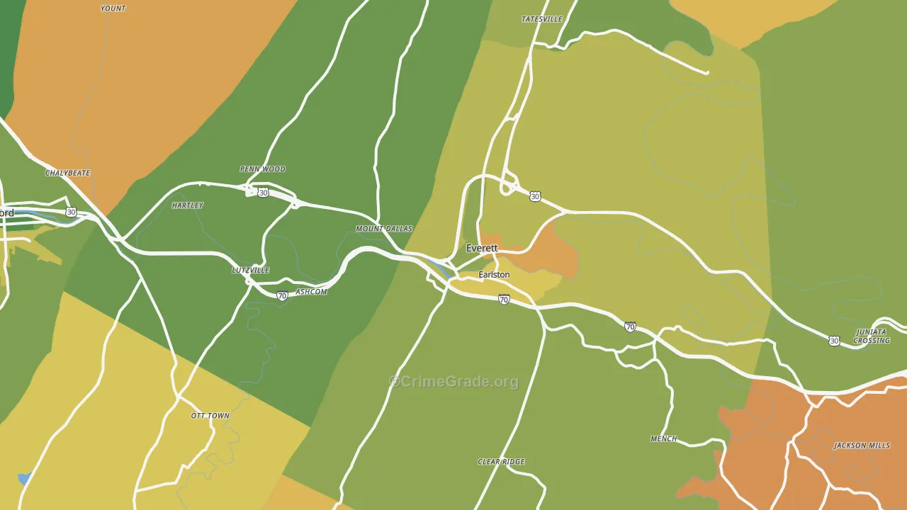 Everett, PA Map of Robbery Rates