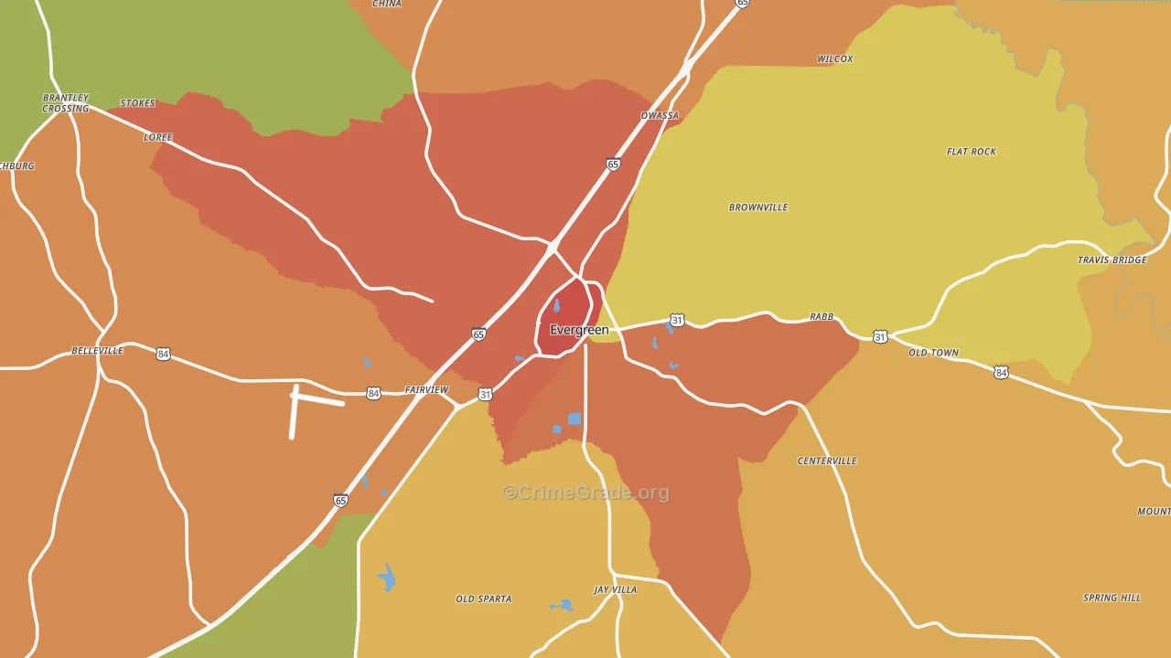 Evergreen, AL Map of Robbery Rates