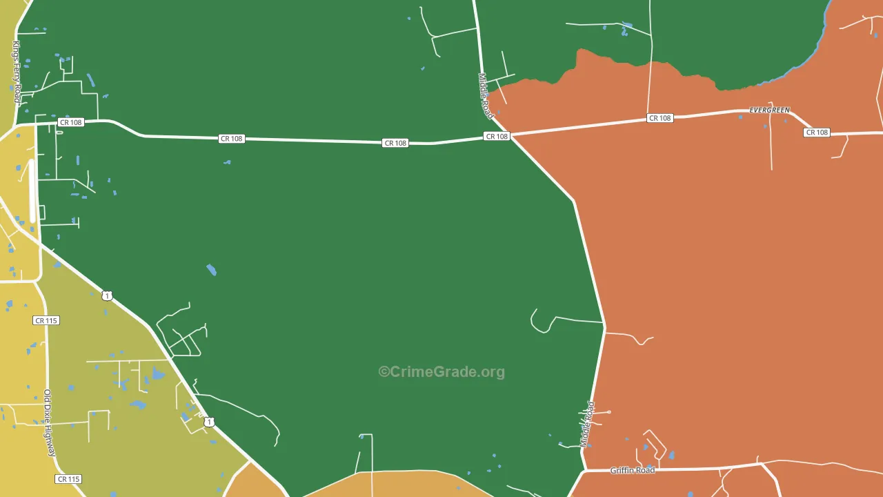 Evergreen, FL Map of Robbery Rates