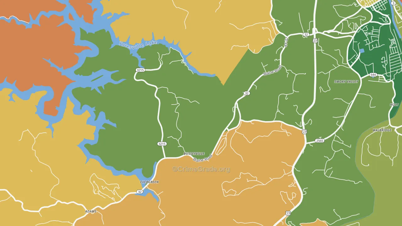 Evergreen, KY Map of Robbery Rates