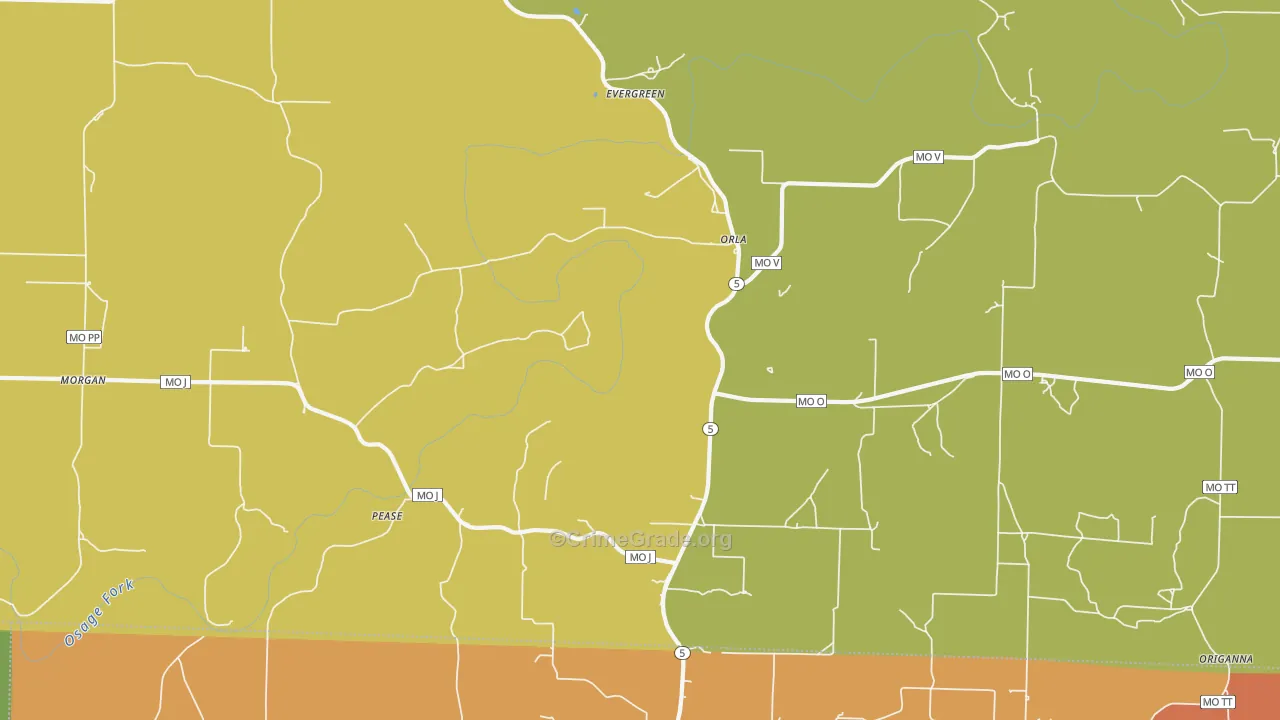 Evergreen, MO Map of Robbery Rates