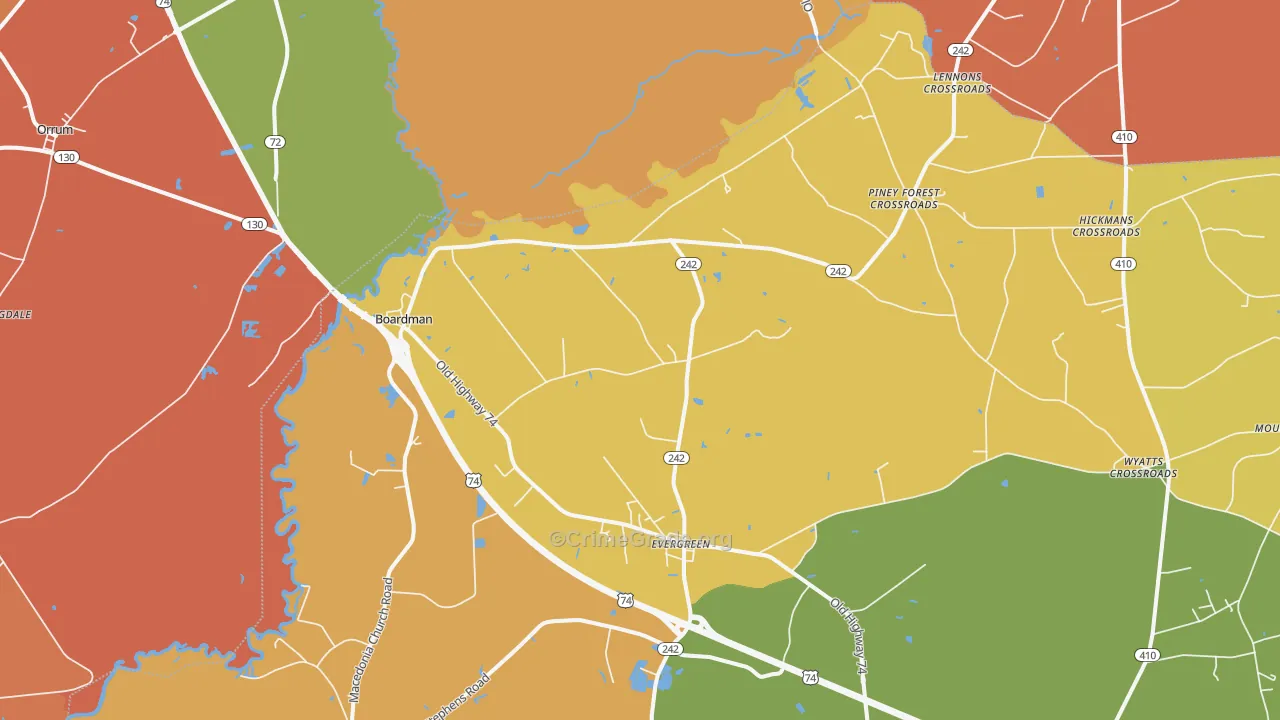 Evergreen, NC Map of Robbery Rates
