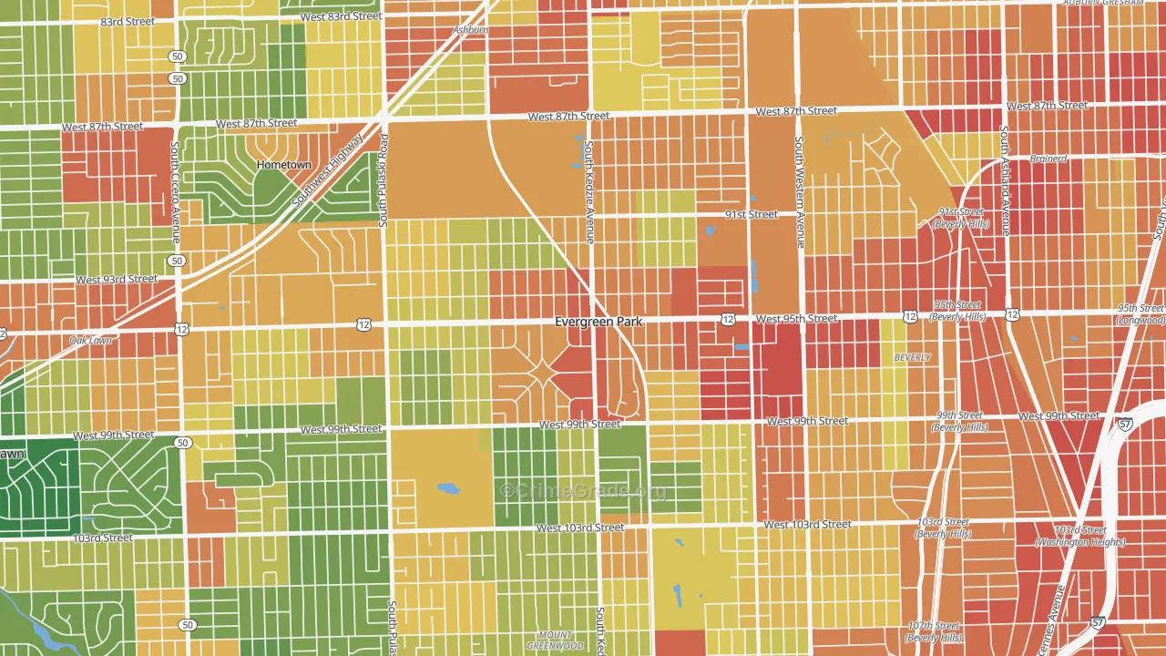 Evergreen Park, IL Map of Robbery Rates