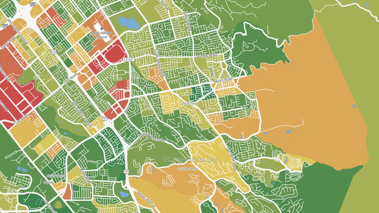 Evergreen, San Jose, CA Map of Robbery Rates