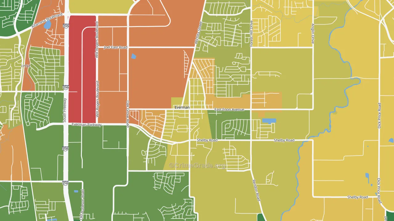Everman, TX Map of Robbery Rates