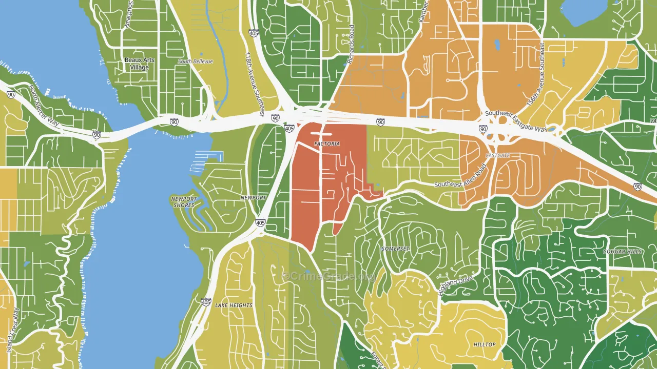 Factoria, Bellevue, WA Map of Robbery Rates