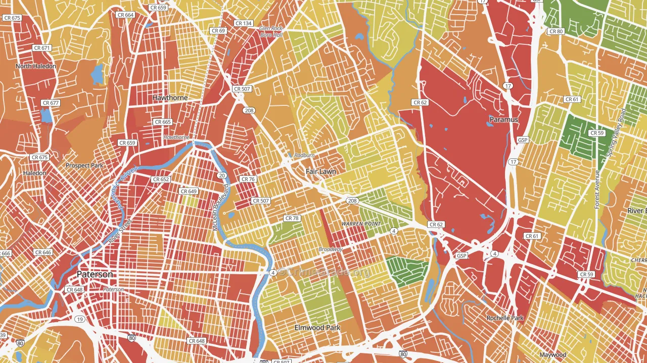 Fair Lawn, NJ Map of Robbery Rates