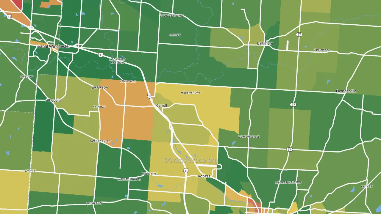 Fairfield County, OH Map of Robbery Rates