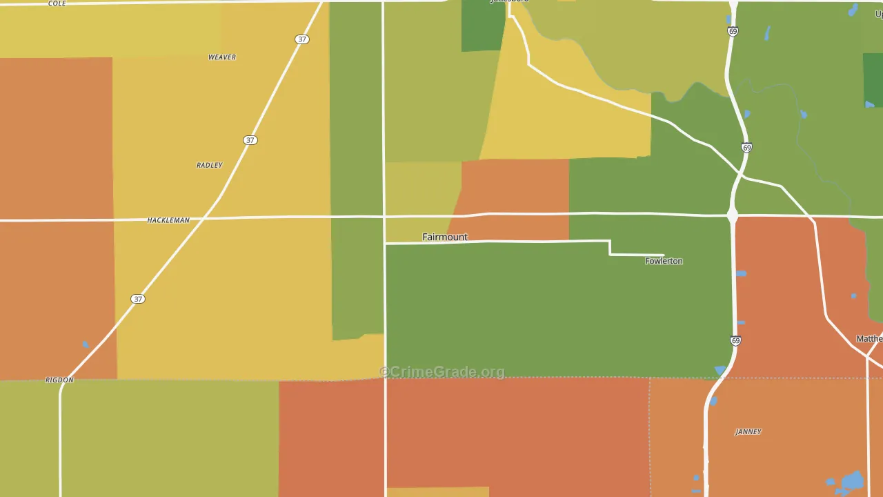 Fairmount, IN Map of Robbery Rates