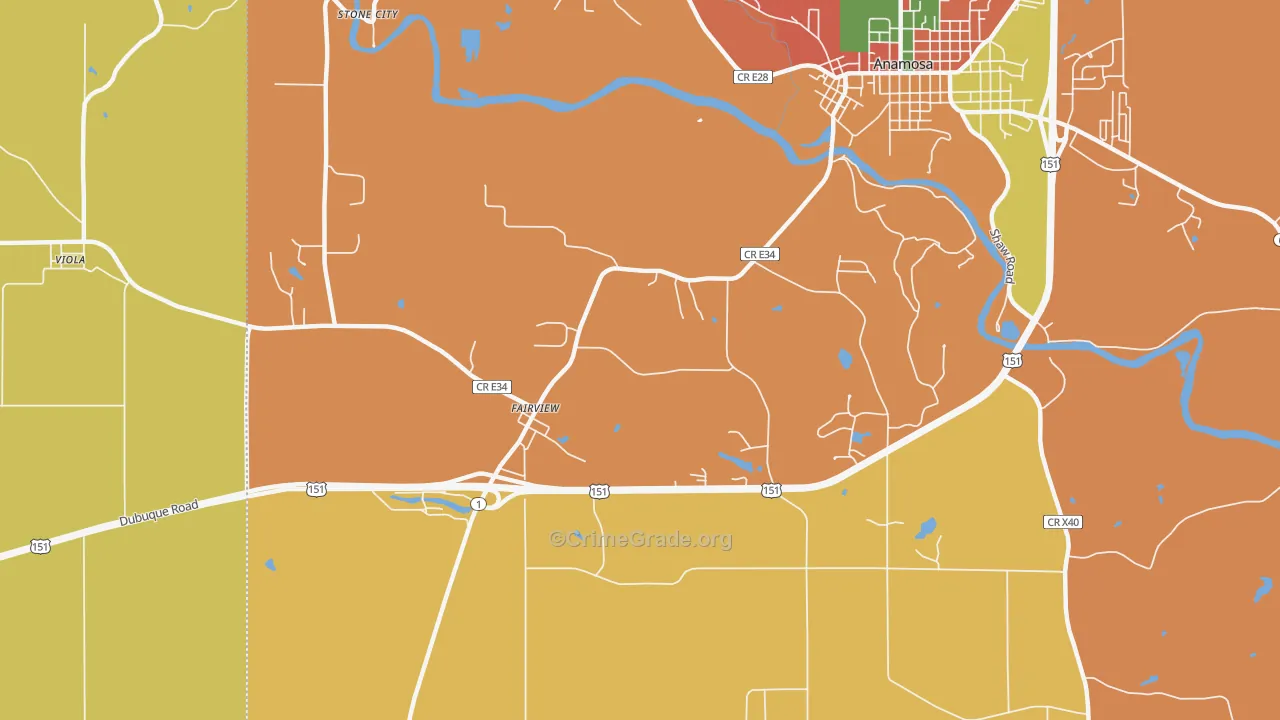 Fairview, IA Map of Robbery Rates