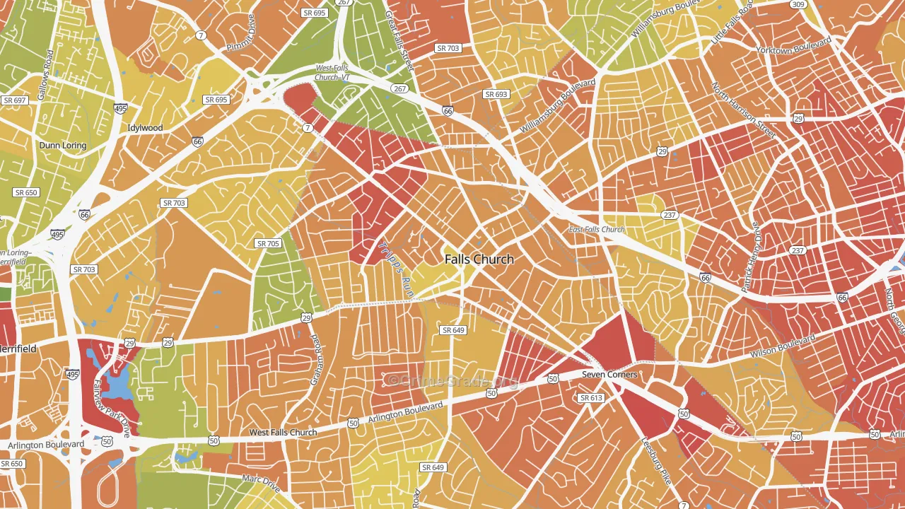 Falls Church City, VA Map of Robbery Rates