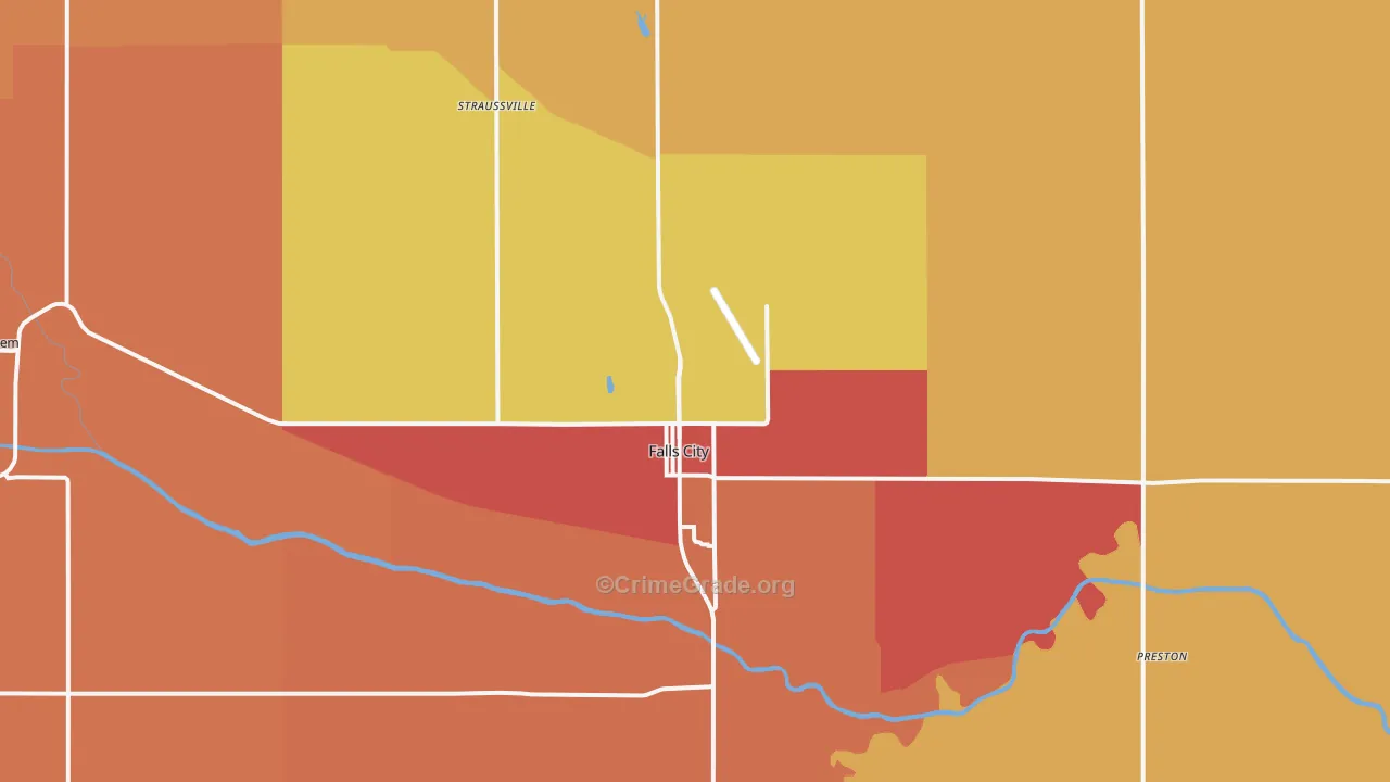 Falls City, NE Map of Robbery Rates