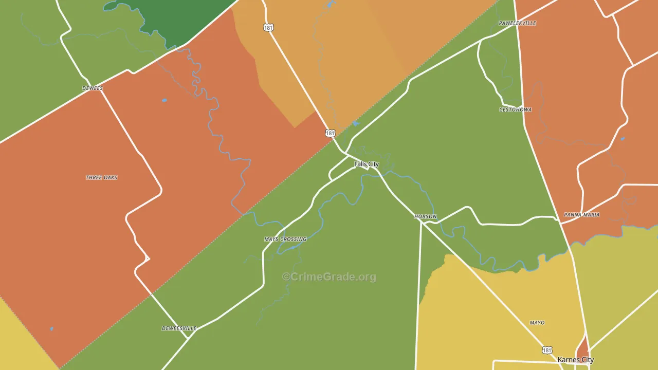 Falls City, TX Map of Robbery Rates
