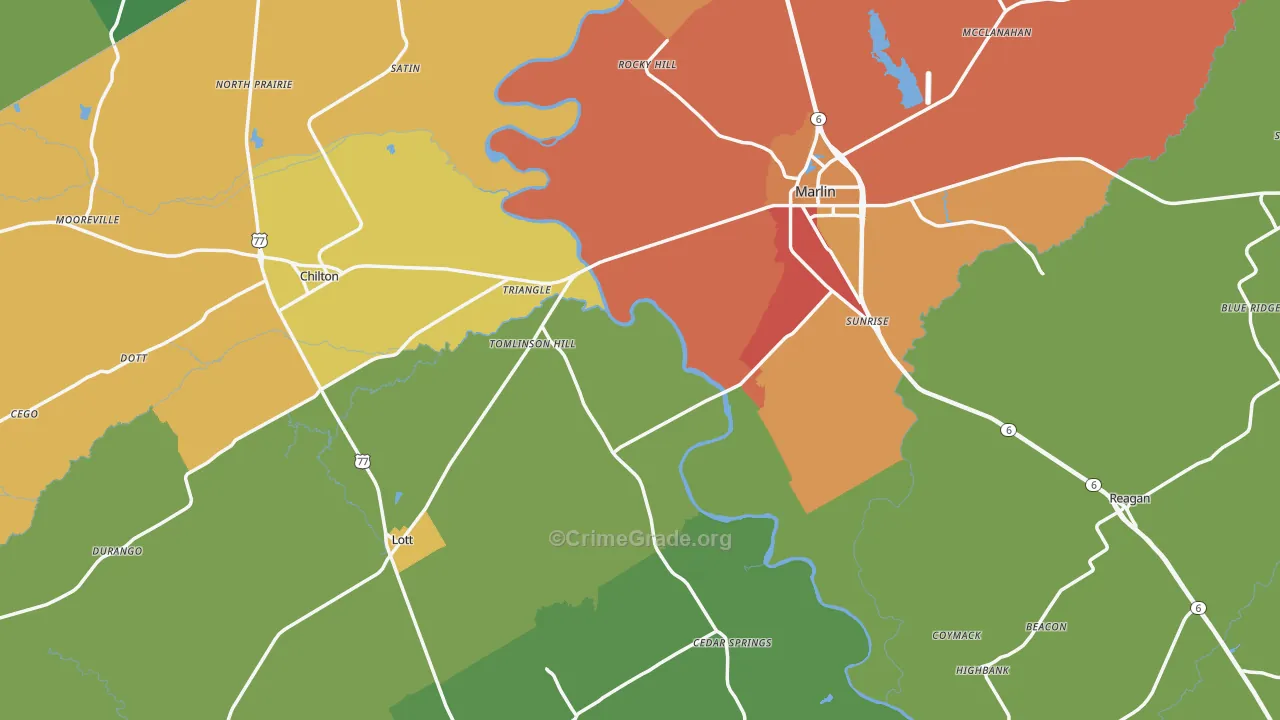Falls County, TX Map of Robbery Rates