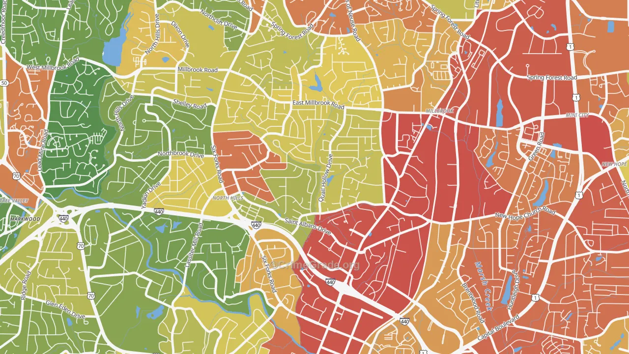 Falls of Neuse, Raleigh, NC Map of Robbery Rates