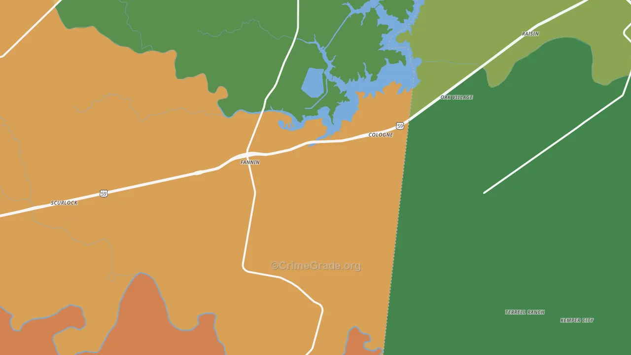 Fannin, TX Map of Robbery Rates
