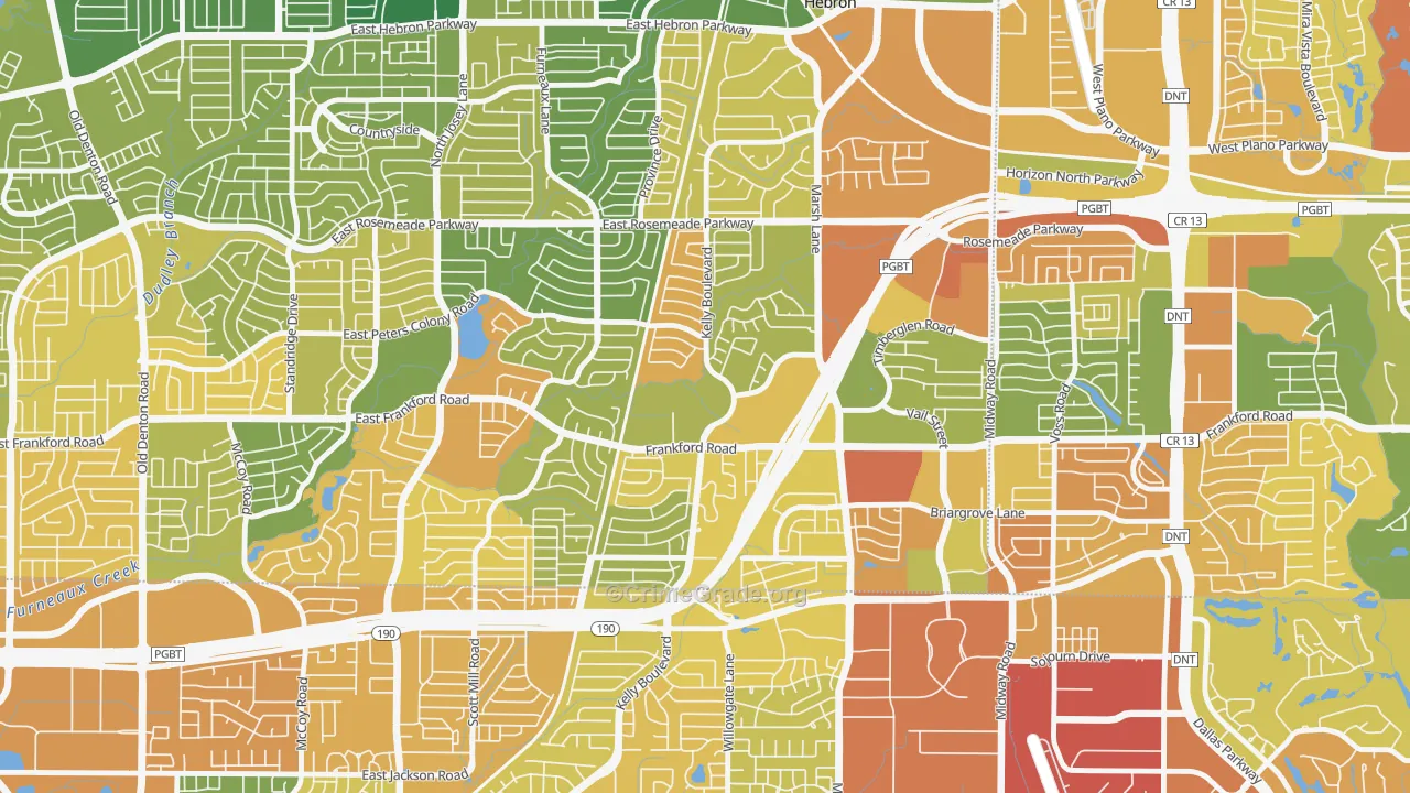 Far North Dallas-Carrollton, Carrollton, TX Map of Robbery Rates