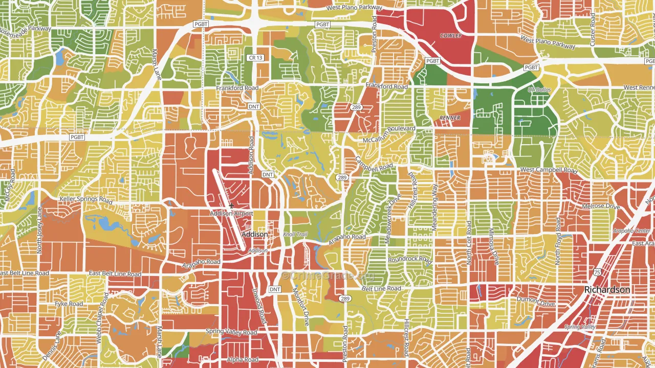 Far North Dallas, Dallas, TX Map of Robbery Rates