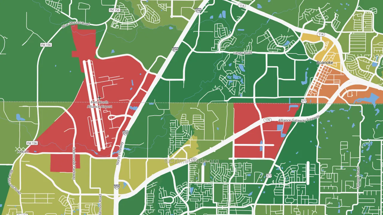 Far North Dallas-Roanoke, Roanoke, TX Map of Robbery Rates