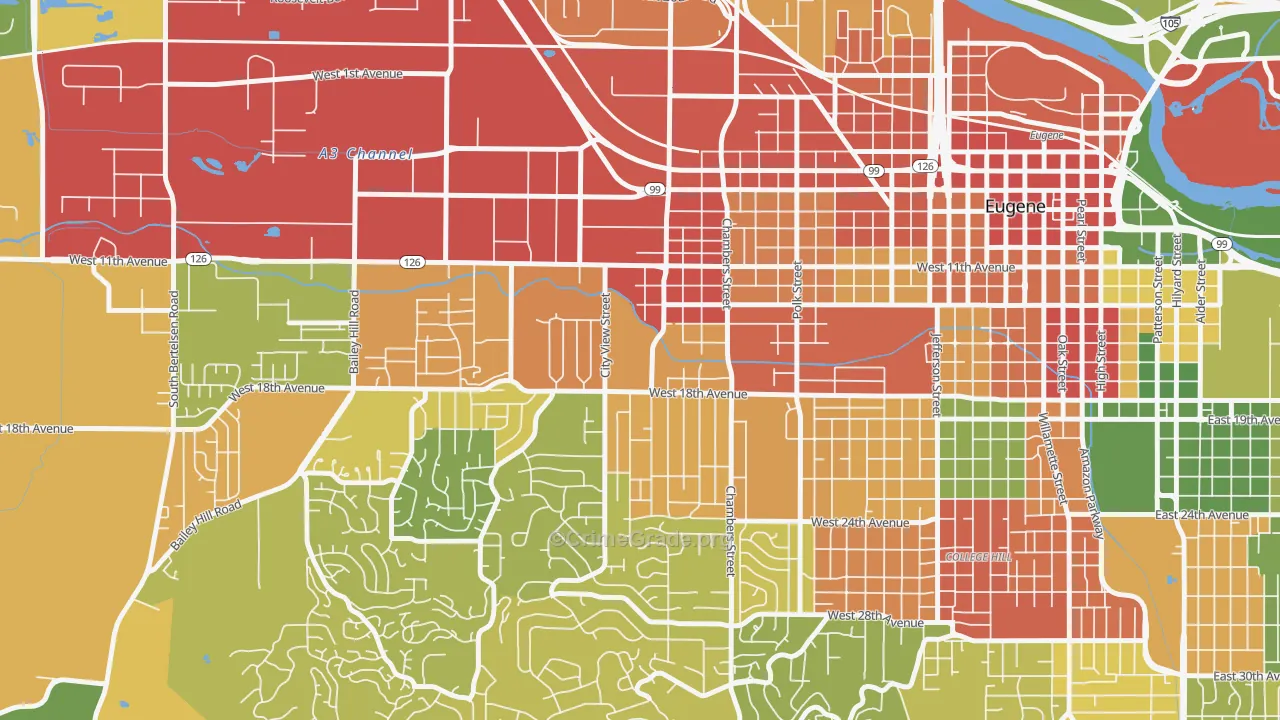 Far West Eugene, Eugene, OR Map of Robbery Rates