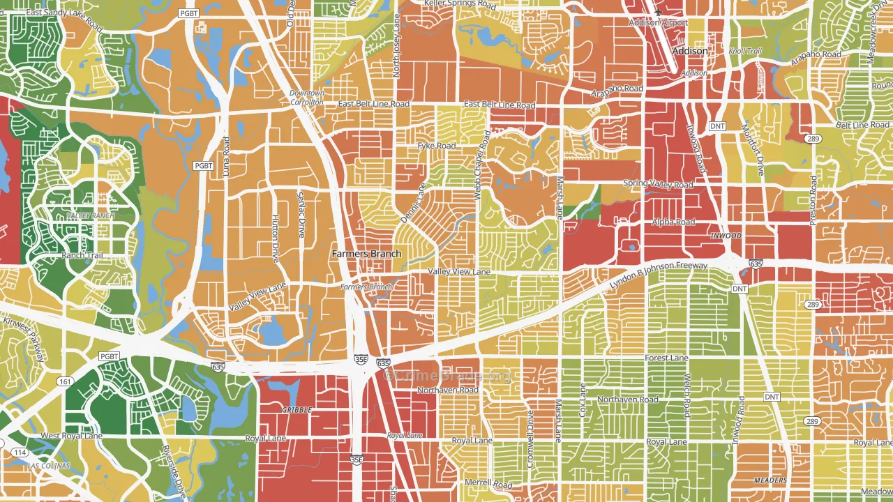 Farmers Branch, TX Map of Robbery Rates