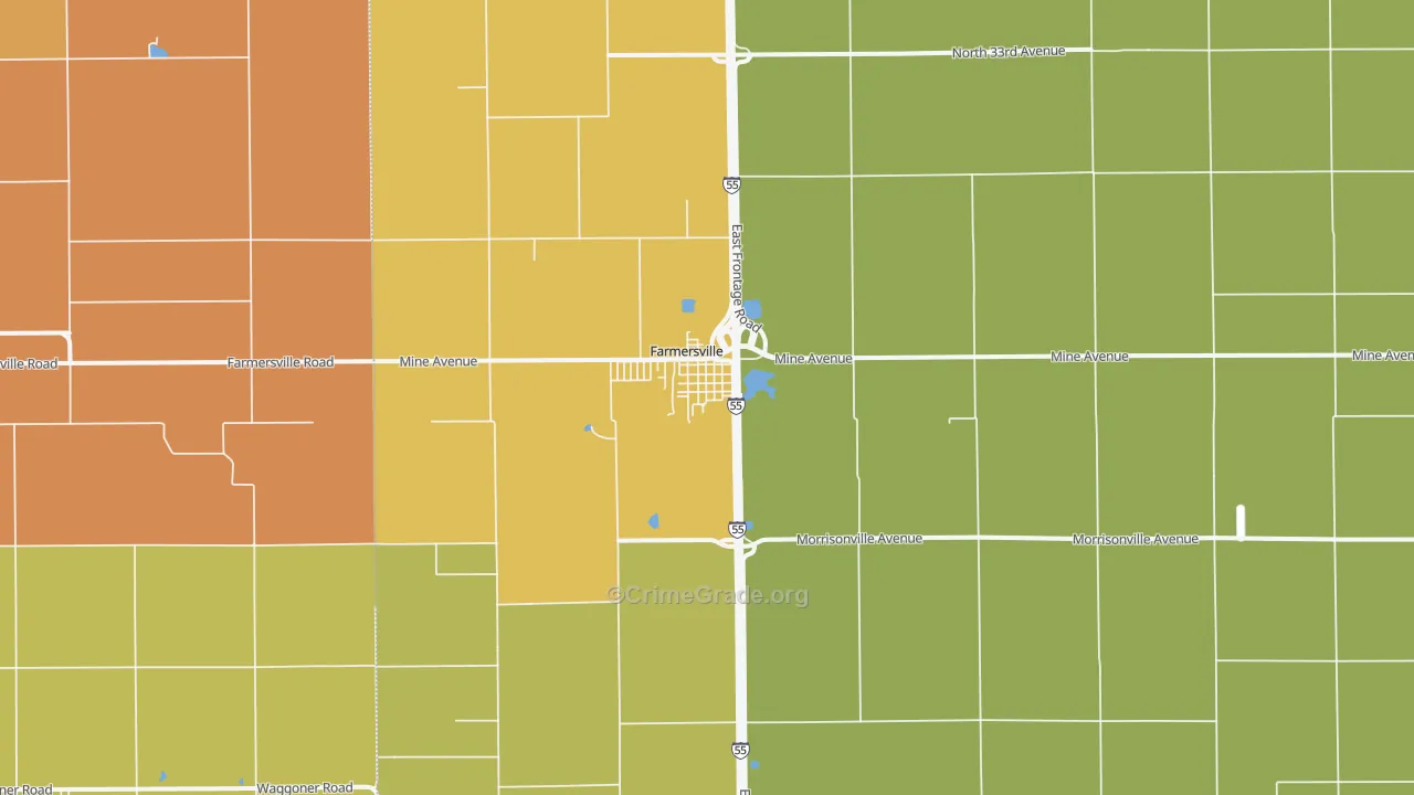 Farmersville, IL Map of Robbery Rates