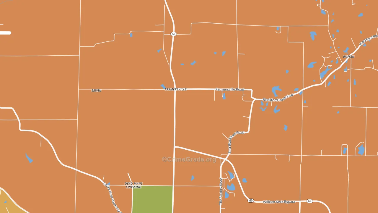 Farmersville, IN Map of Robbery Rates