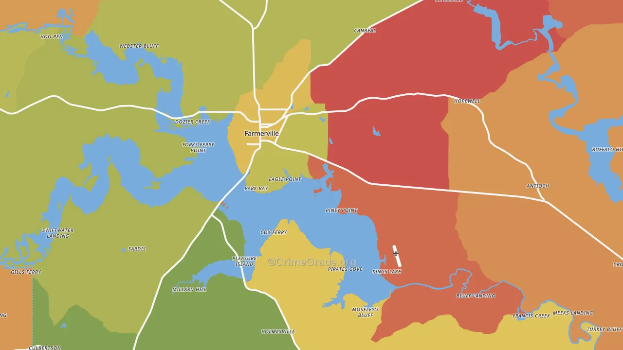 Farmerville, LA Map of Robbery Rates