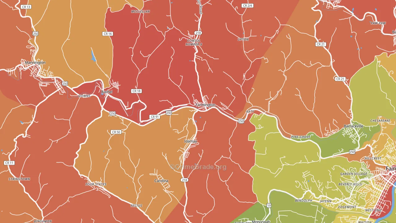 Farmington, WV Map of Robbery Rates