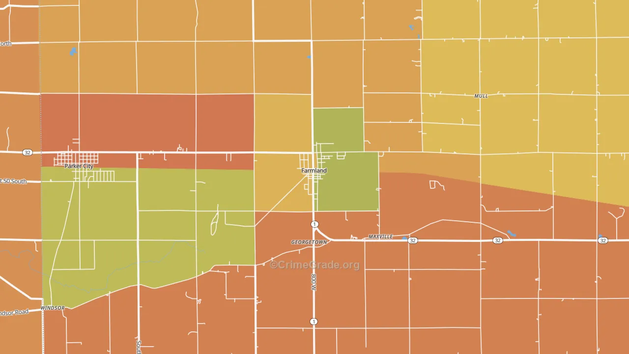 Farmland, IN Map of Robbery Rates
