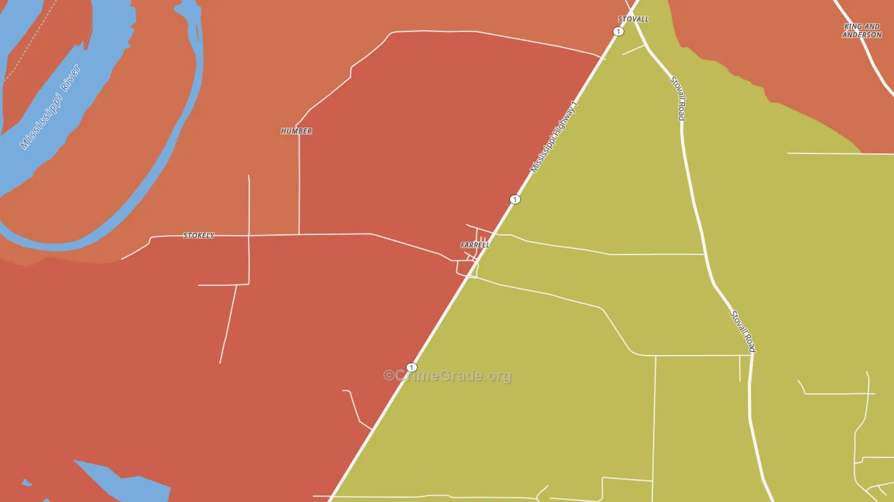 Farrell, MS Map of Robbery Rates