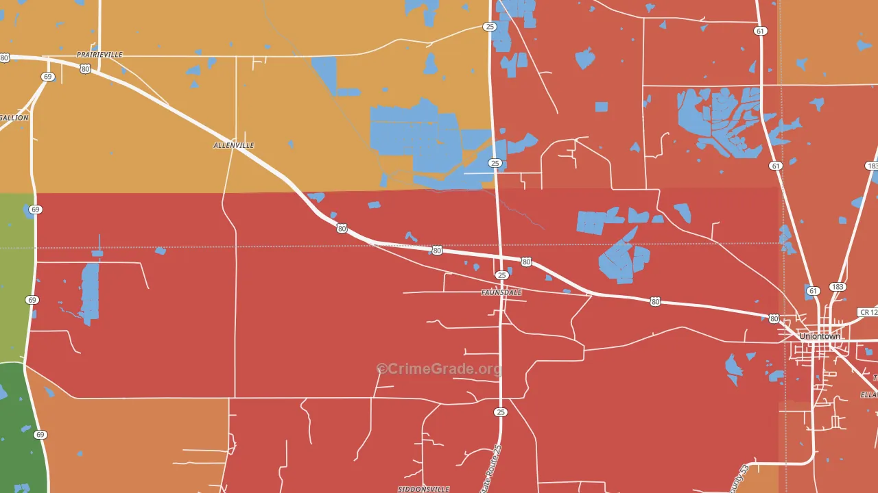 Faunsdale, AL Map of Robbery Rates