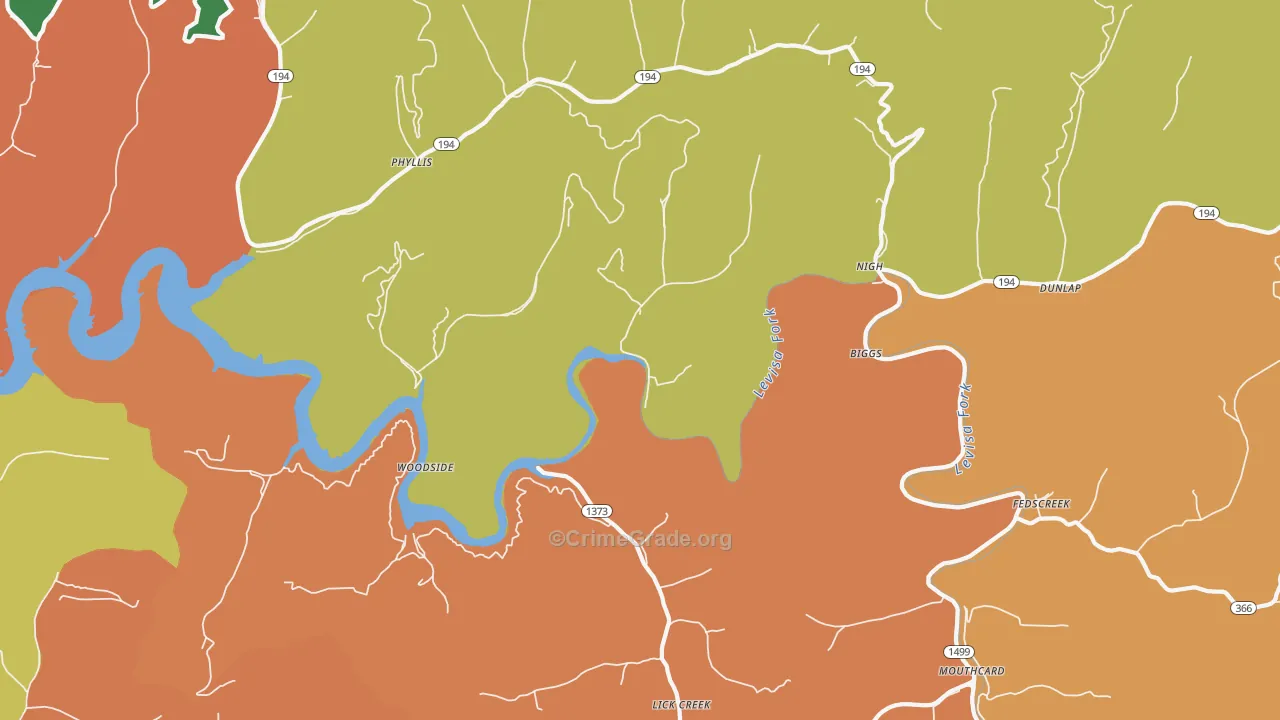 Fedscreek, KY Map of Robbery Rates